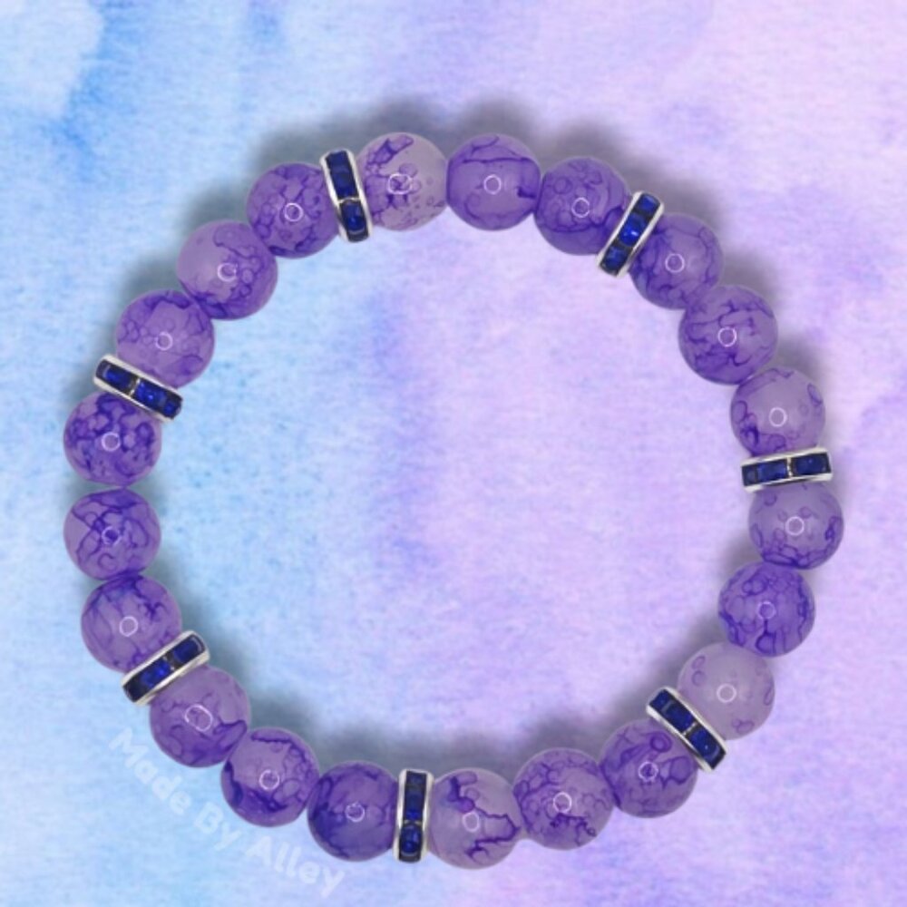 Handmade 8mm Round Purple Glass Beaded Bracelet with Blue Rhinestone Spacers